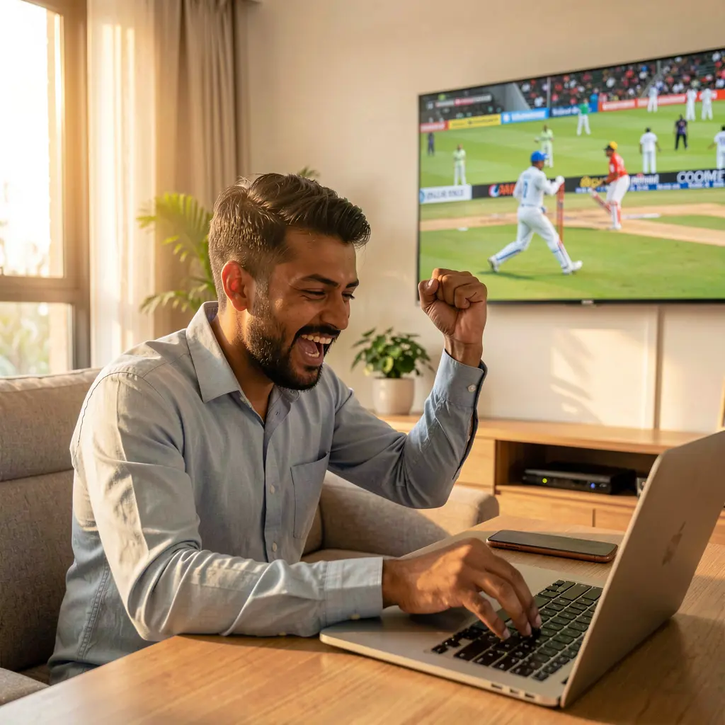 Happy Bangladeshi sports fan celebrating a winning bet placed through F2222 on his laptop while watching a live cricket match at home
