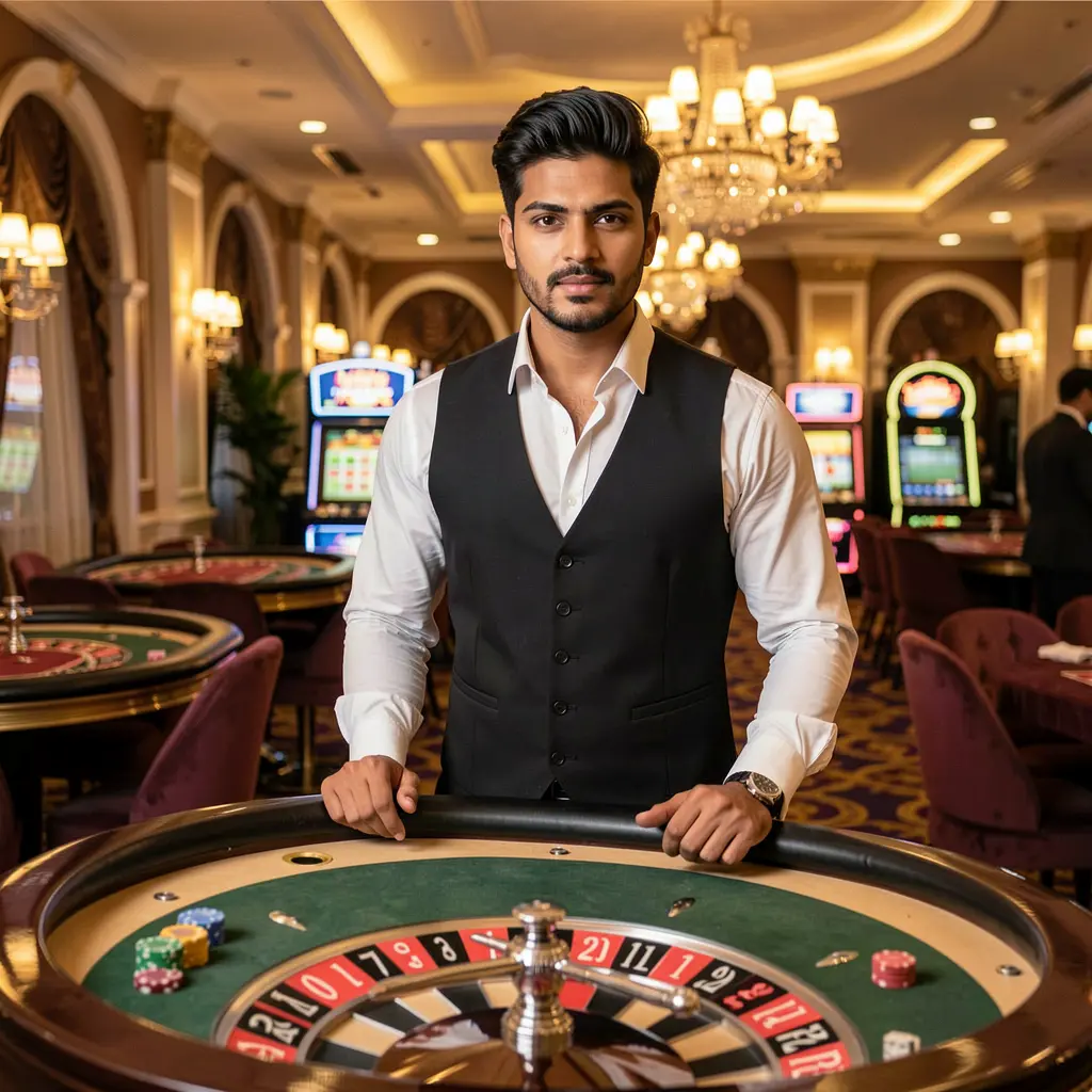 Confident casino dealer standing at a glowing roulette table inside a luxury casino atmosphere representing the premium live casino experience at F2222 for players in Bangladesh