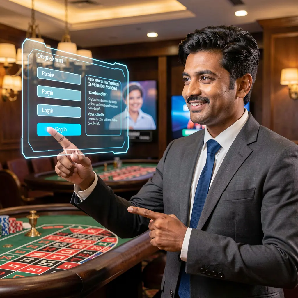 Smiling Bangladeshi casino host pointing at a glowing holographic login panel with a roulette table behind him at F2222